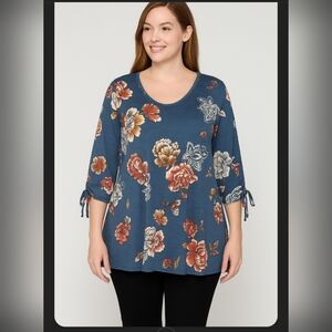 Passion of Essence Blue Floral Tunic Top Tie Sleeve Detail NWT Large